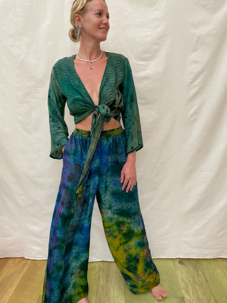 SILK TROUSERS, Blue Tie Dye, Handmade, Unique